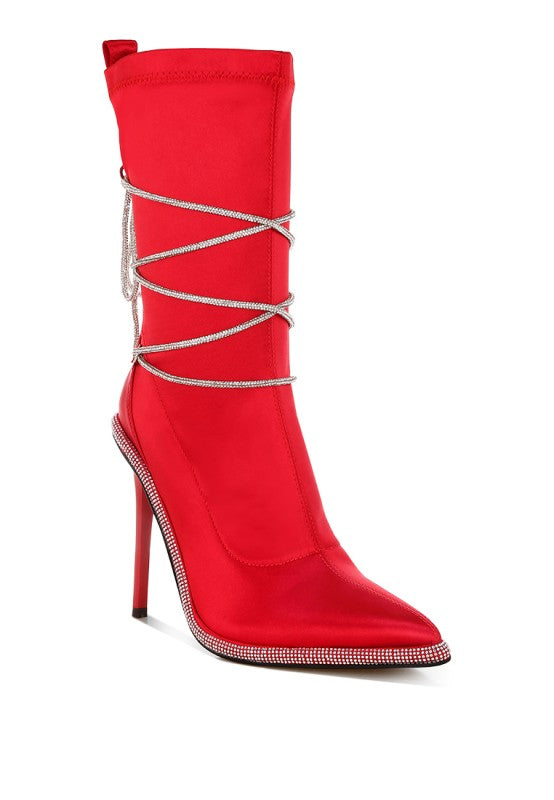 Dacia Rhinestones Strap Satin Calf Boots