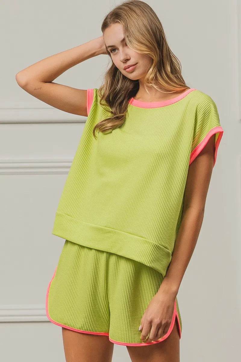 BiBi Cord Rib Knit Contrast Banded Top