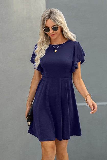 Elegant Solid Crew Neck Butterfly Sleeve Slim Dres