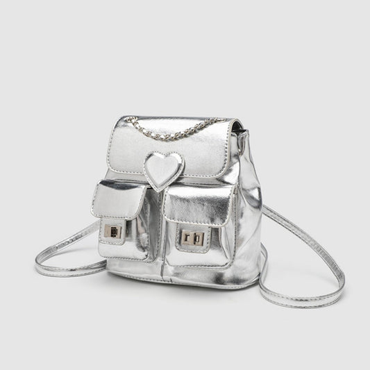 Elegant Design Silver Backpack Purse – Stylish Women's Fashion Chain Versatile Travel Bucket Bag with Metallic Finish