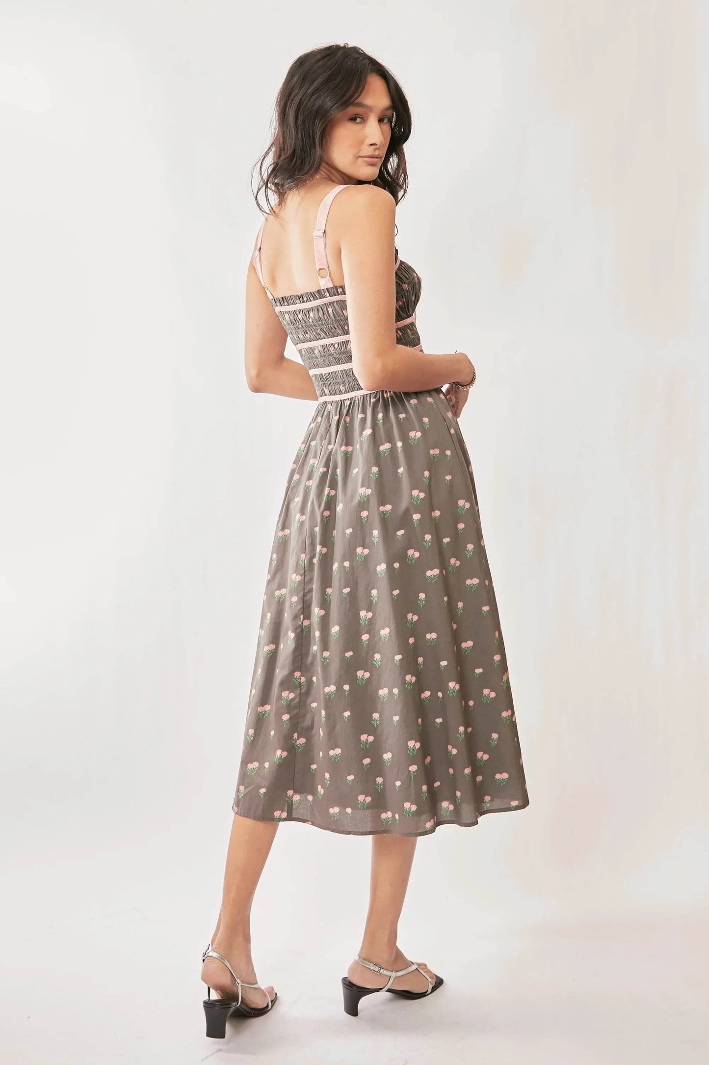 Davi & Dani Contrast Velvet Tape Smocking Bodice Midi Dress