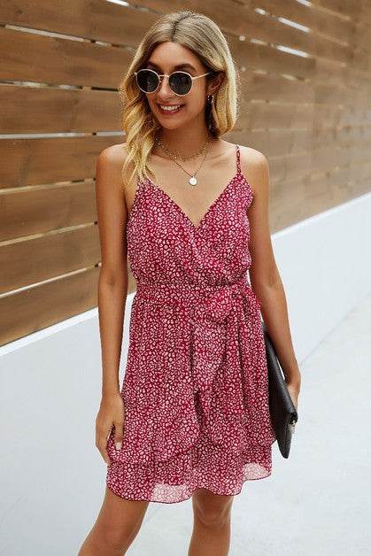 V Neck Ruffle Hem Swiss Dot Self Tie Cami Dress