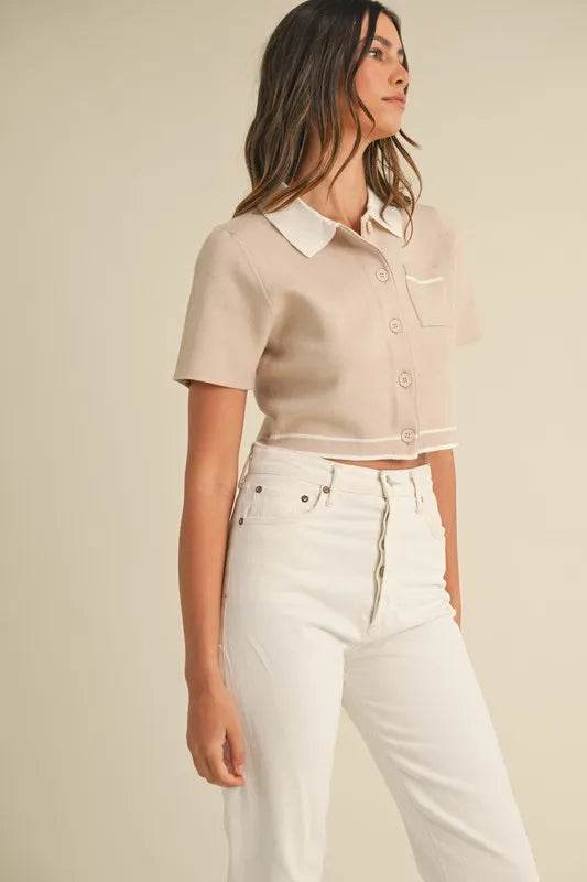 MABLE Button Down Contrast Collared Knit Cardigan