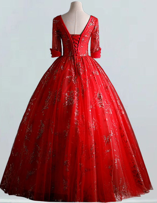Women's Red V-Neck Sequin Lace Tulle Evening Gown | Prom & Party Dress