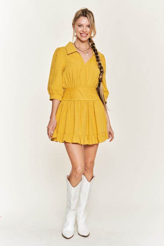 Eyelet detail 3/4 sleeve short dress JBJ1091