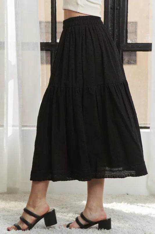 ADORA Elastic Waistband Tiered Midi Skirt