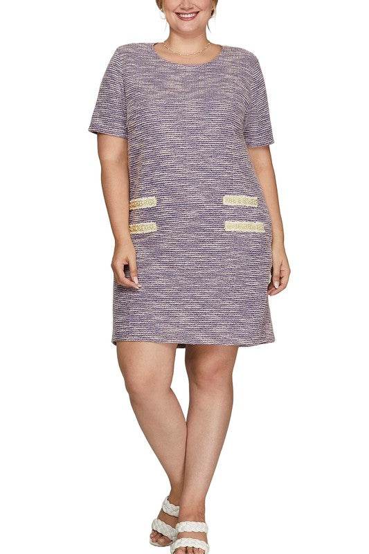 She + Sky Full Size Short Sleeve Pearl Studded Trim Knit Tweed Dress Plus Size