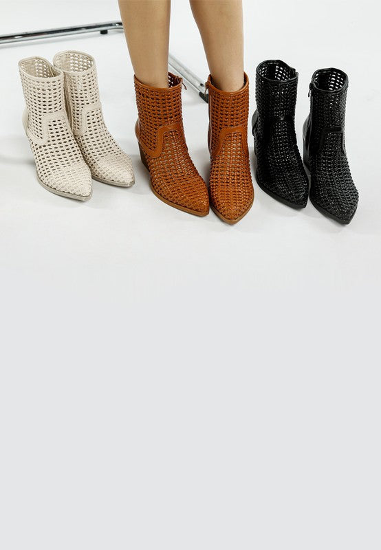 Artisole Woven Pleather Block Heel Boots