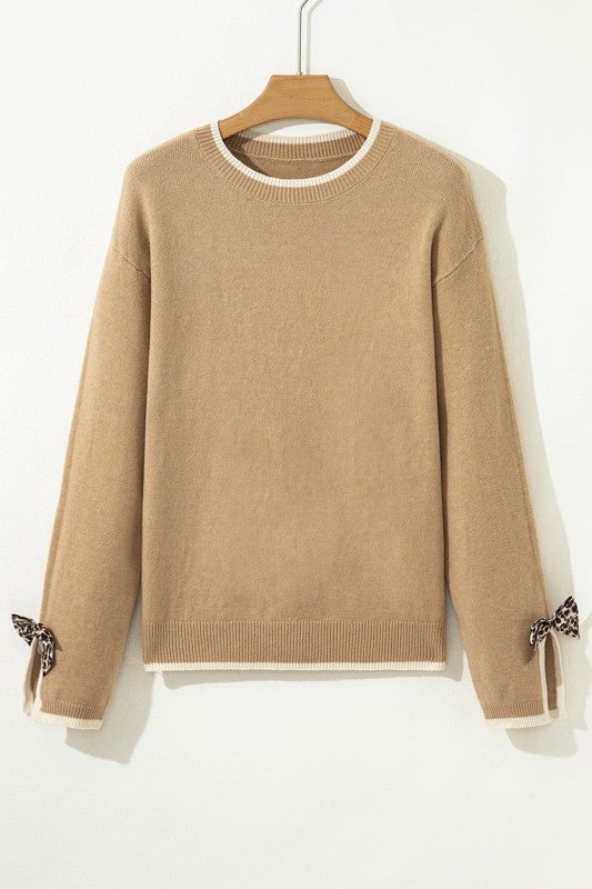 Leopard Bow Split Cuff Contrast Trim Sweater