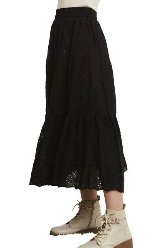 ADORA Elastic Waistband Tiered Midi Skirt