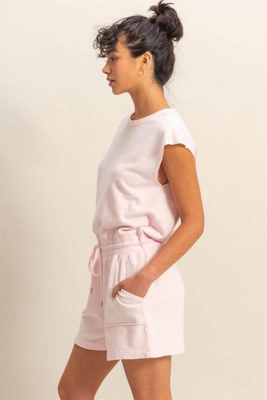 HYFVE Round Neck Cap Sleeve Drawstring Waist Romper