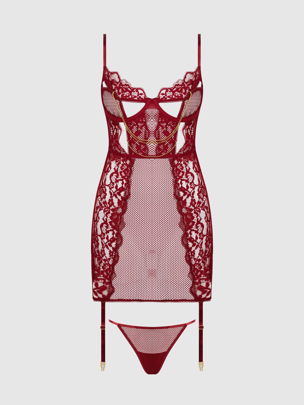 DEZI CURVY LACE & CHAIN CHEMISE LINGERIE SET IN PLUS SiZE