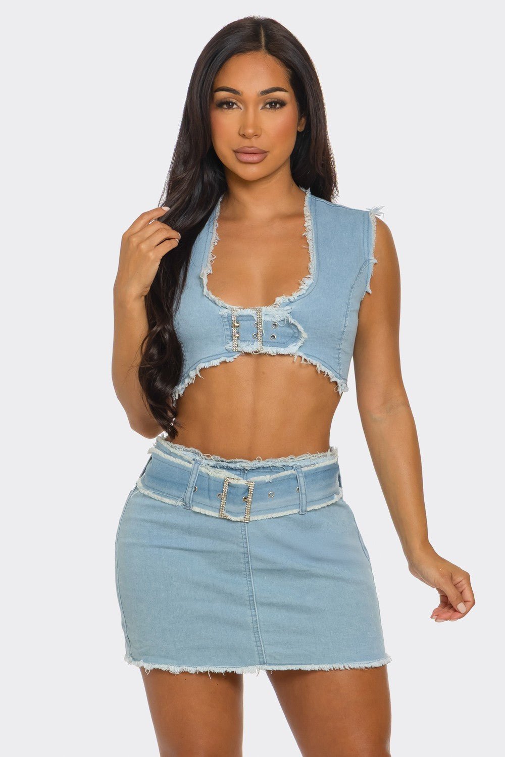 DISTRESSED DENIM BUCKLE CROP TOP & MINI SKIRT SET