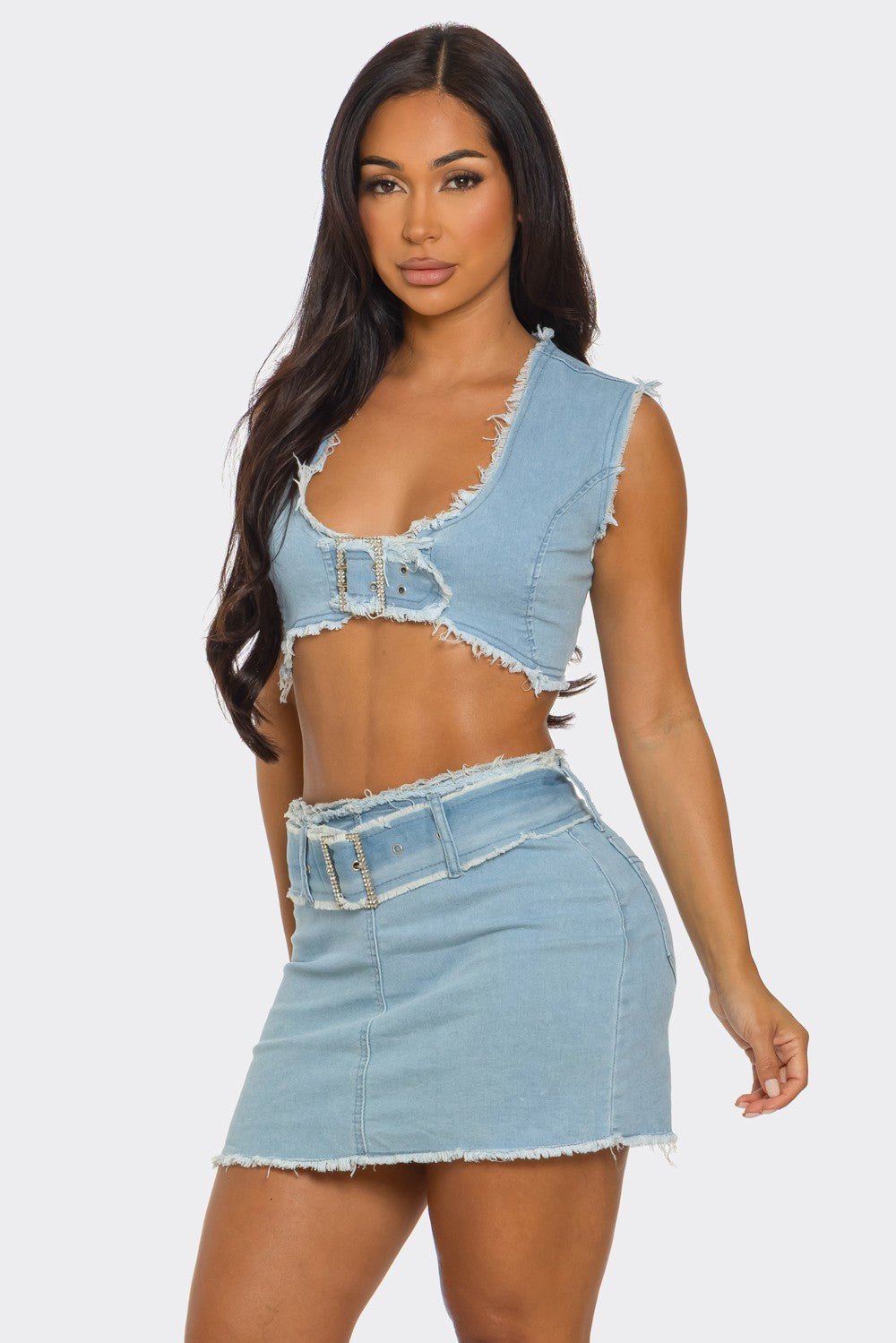 DISTRESSED DENIM BUCKLE CROP TOP & MINI SKIRT SET