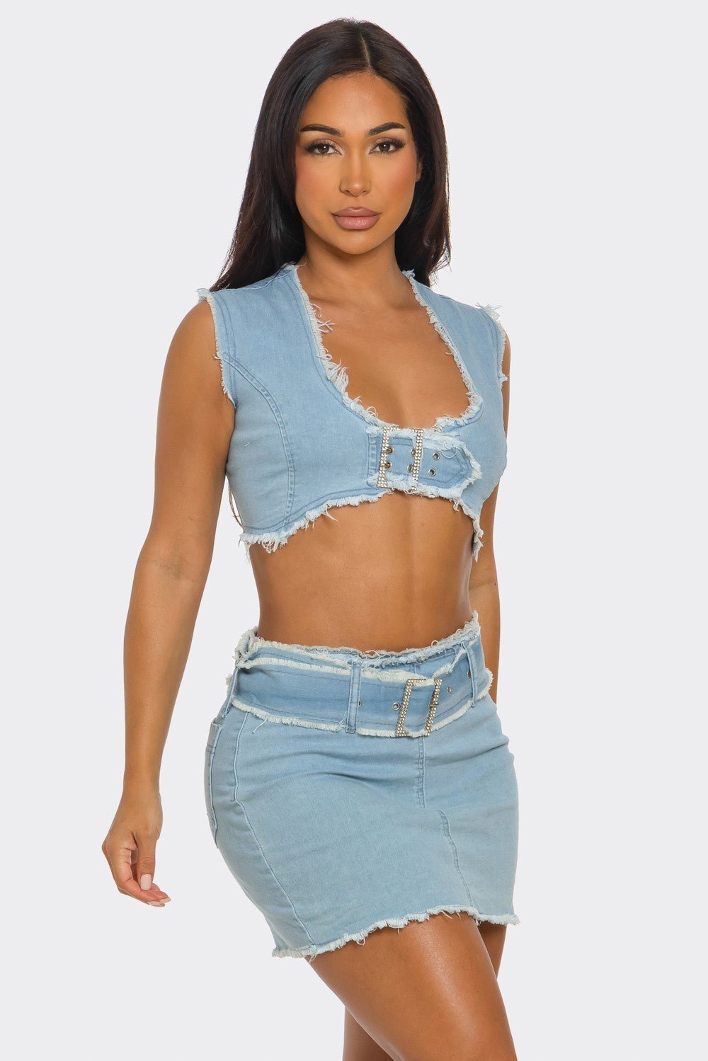 DISTRESSED DENIM BUCKLE CROP TOP & MINI SKIRT SET