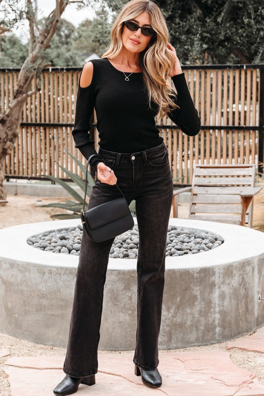 Amaya Ribbed Knit Cold Shoulder Sweater