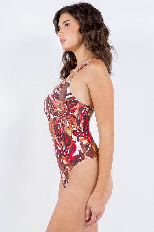 ONE PIECE BATHING SUIT FLORAL PRINT SINGLE SHOULDE