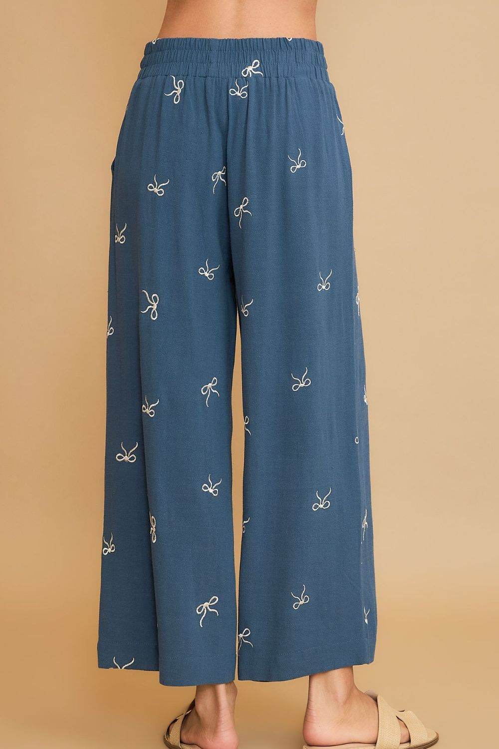 Umgee Full Size Lace Drawstring Embroidered Bow Wide Leg Pants Plus Size