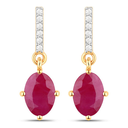 1.75 Carat Genuine Ruby and White Diamond 10K Yellow Gold Earrings