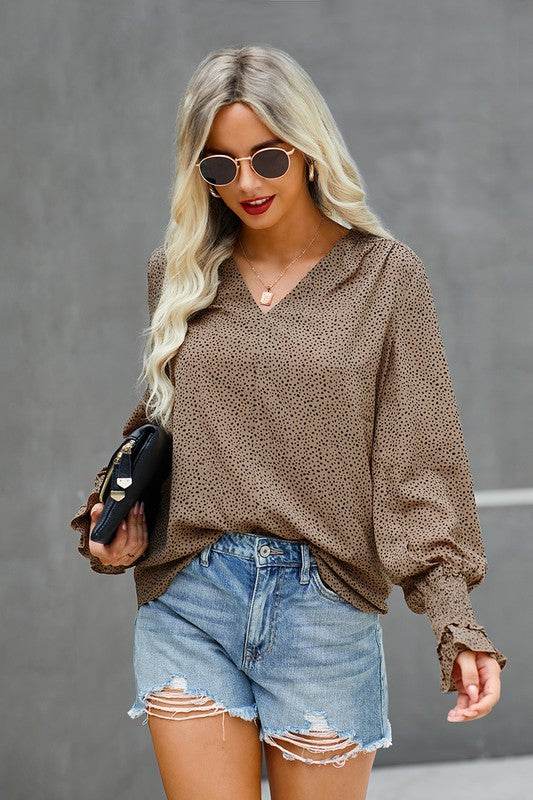 V Neck Dalmatian Print Bishop Sleeve Blouse