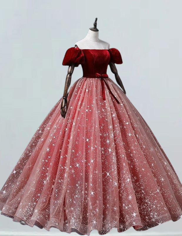 Girls' Burgundy Velvet Off-Shoulder Ball Gown | Sparkle Tulle Prom Dress