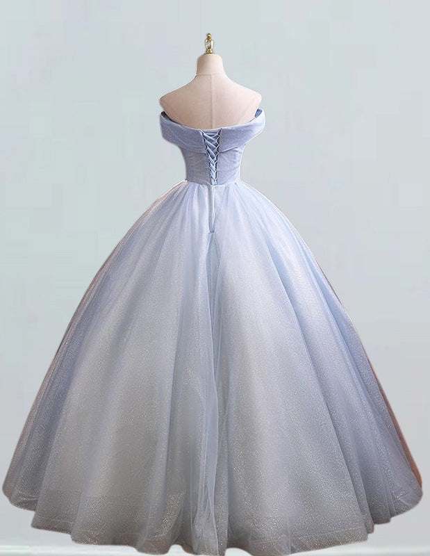 Elegant Blue Lace Applique Off-Shoulder Prom Dress | Sparkle Tulle Evening Gown