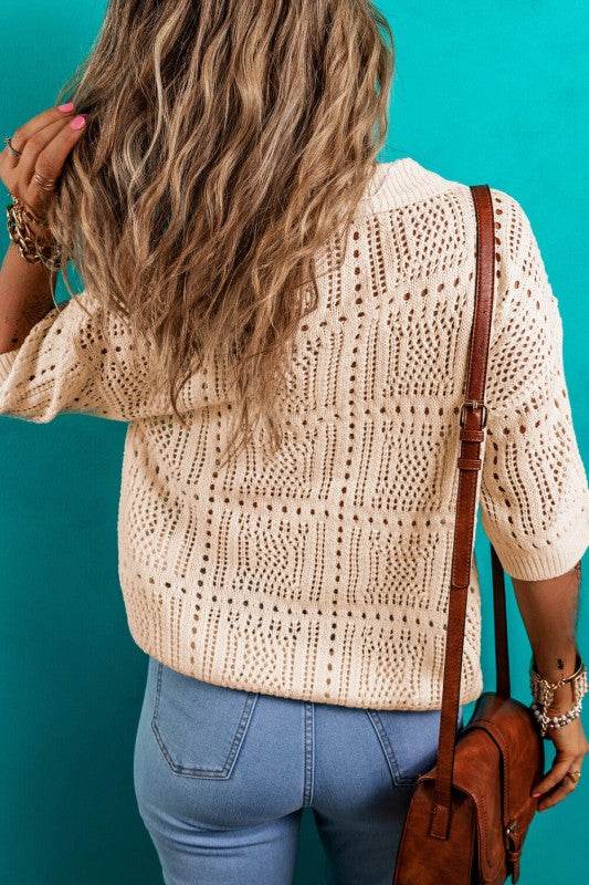 Loretta Turn-down Collar Hollowed Knit Short Sleev