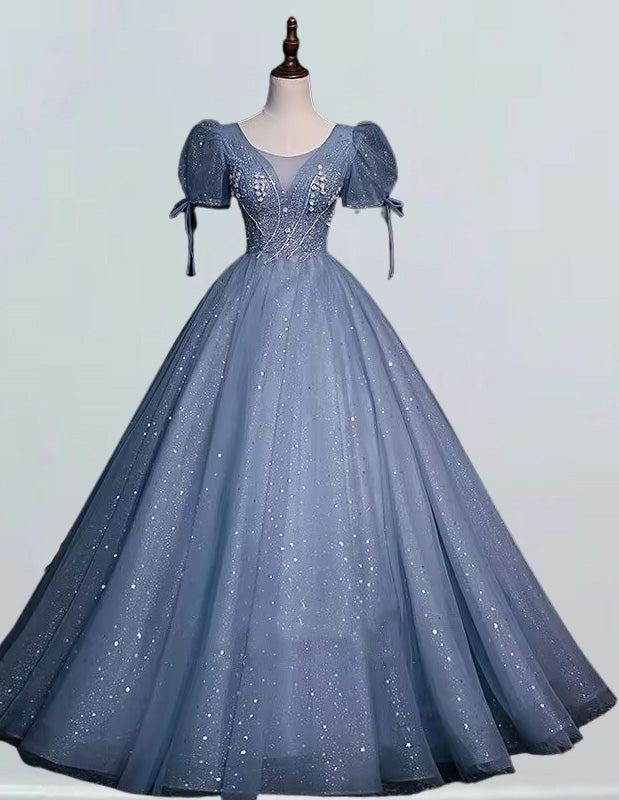 Women's Blue Tulle Prom Gown with Lace Applique | Scoop Neck Evening Dress