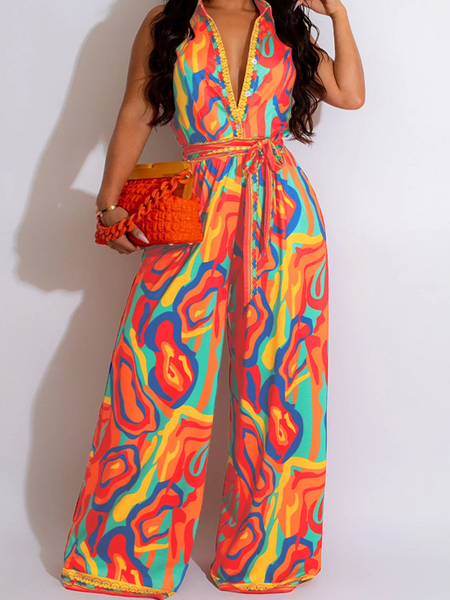 Women's clothing printed sleeveless casual V-neck wide leg jumpsuit