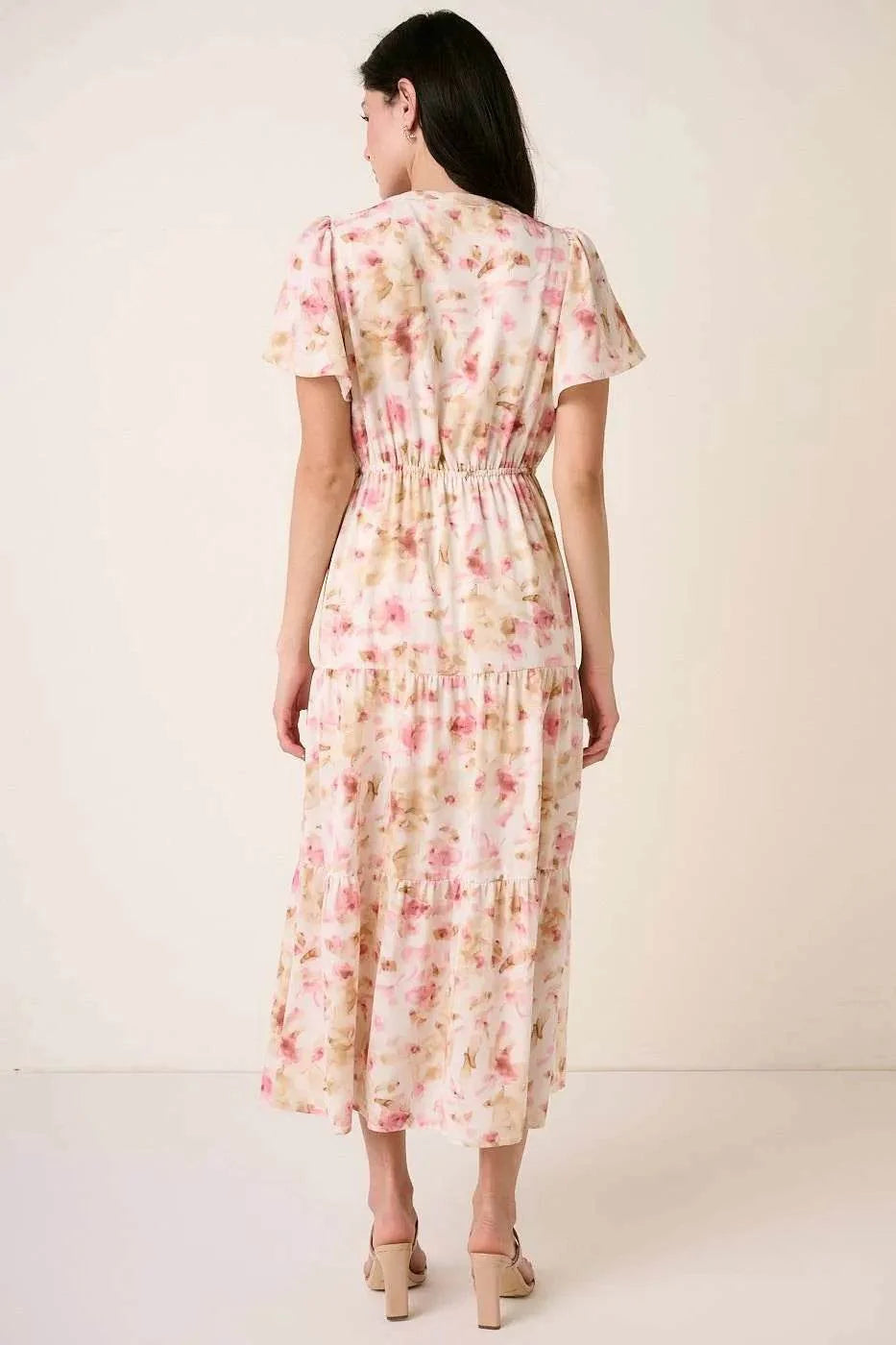 Mittoshop Flower Print Flutter Sleeve V Slit Maxi Dress