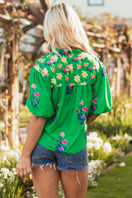 Ayah Floral Tie Split Neck Short Sleeve Blouse