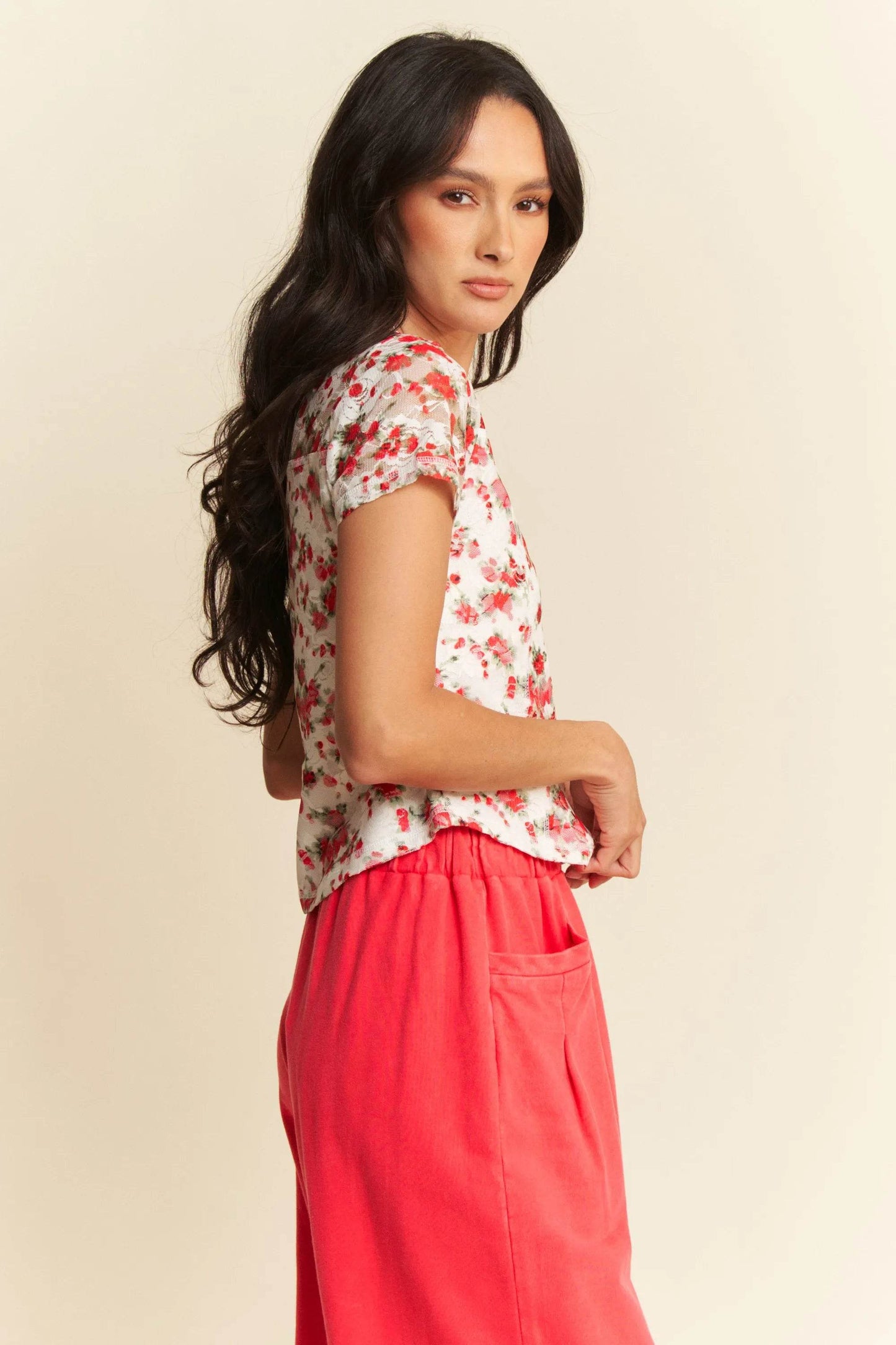 Davi & Dani Ribbon Short Sleeve Layered Mesh Top