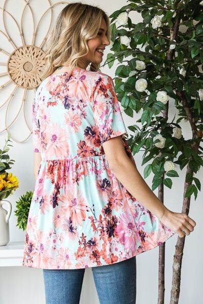Heimish Floral V-Neck Babydoll Blouse - Full Size Short Sleeve Top