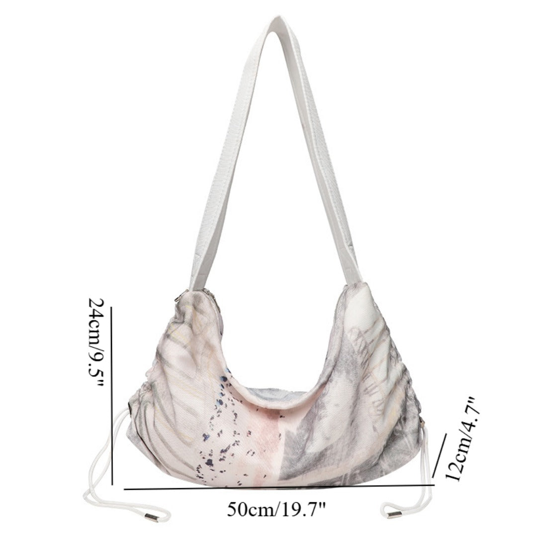 Hobo bag for women, Printed pleated canvas shoulder bag, Women's casual shoulder commuter bag