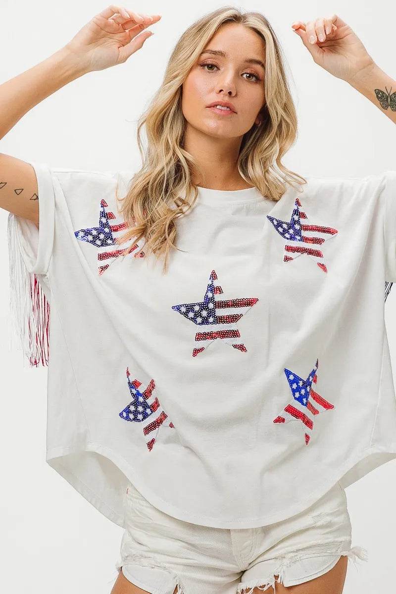 BiBi American Flag Sequin Star Fringe Top