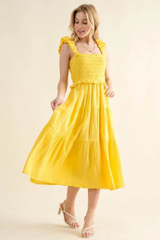 And The Why Ruched Shoulder Strap Detail Midi Dress