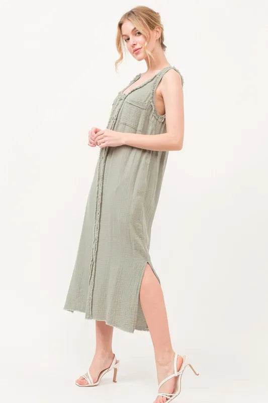 And The Why Washed Gauzed Patch Pocket Tank Midi Dress