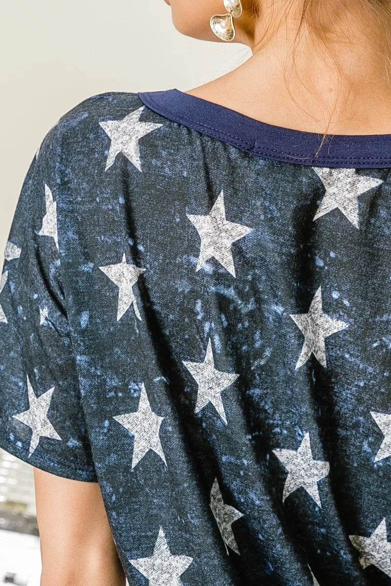 BiBi Vintage Star Print Top With Contrast Caged Neck