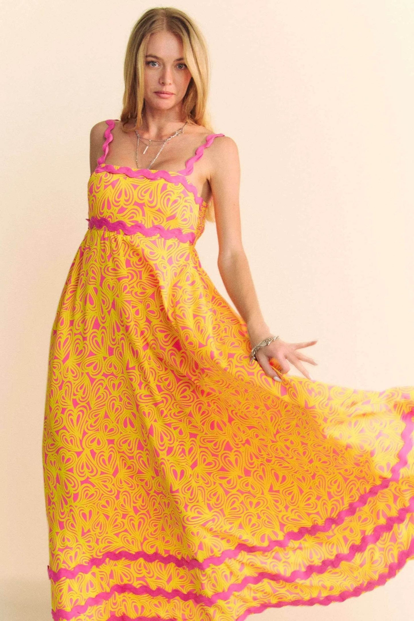 Davi & Dani Geo 2 Tone Printed Wavi Trim Tiered Maxi Dress
