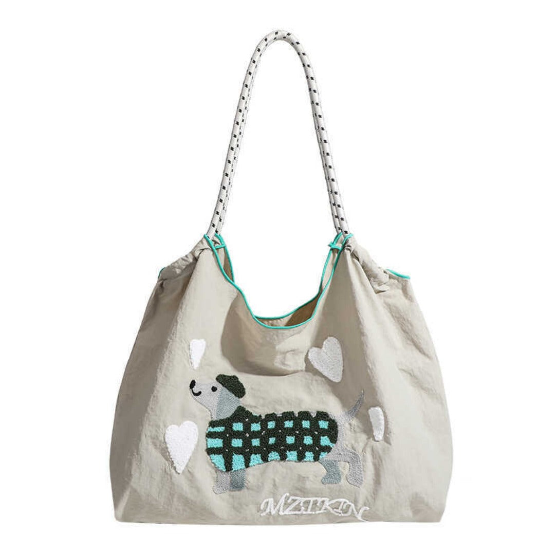 Large Capacity hobo bag with Embroidered Dog pattern, Shoulder bag Nylon, Shoulder Underarm Bag, Commuter hobo Bag Female