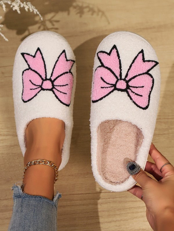 Cute Bowknot Pattern Fuzzy Winter Home Slippers