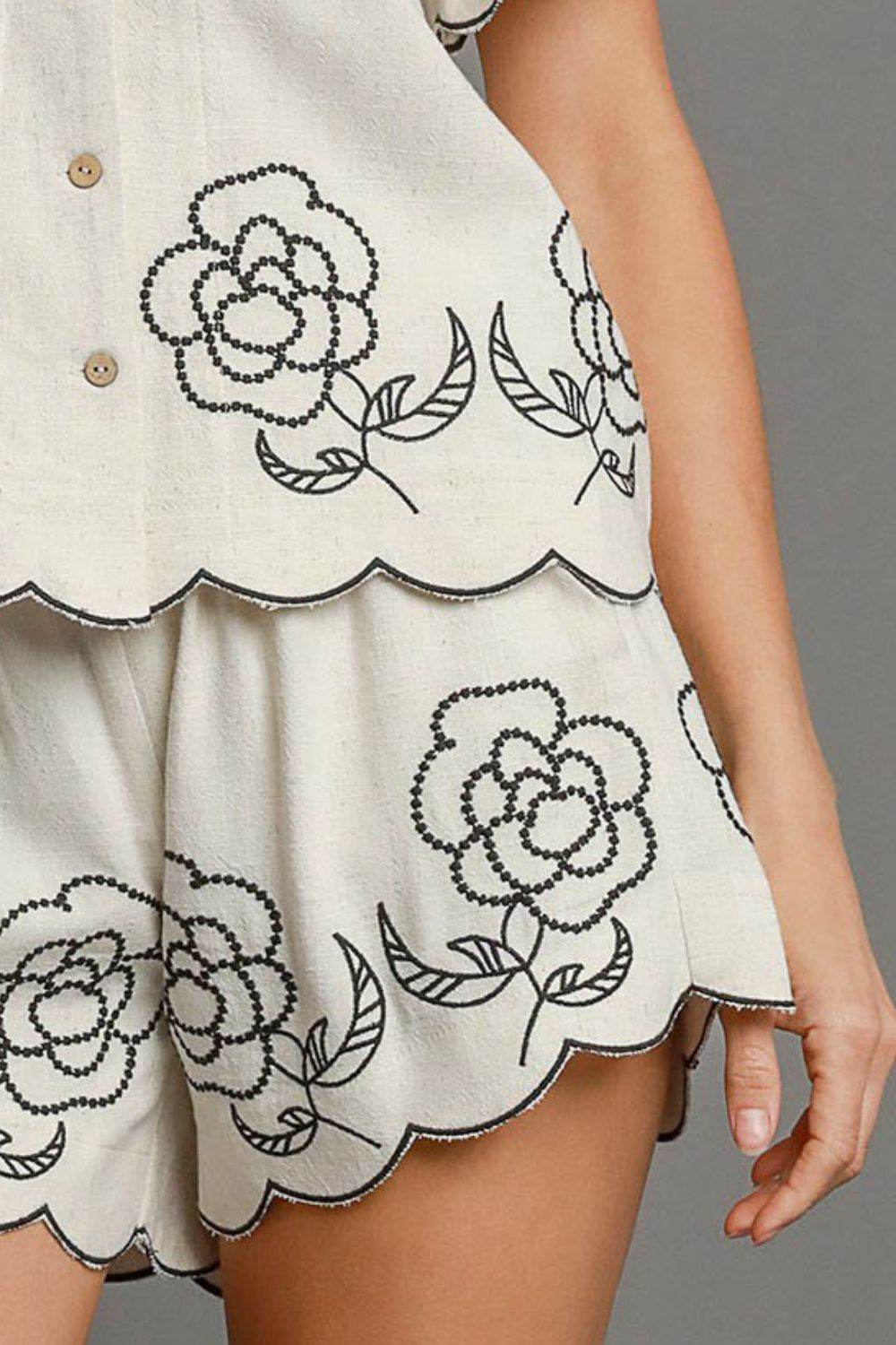 Umgee Full Size Linen Blend Shorts with Floral Embroidered Details Plus Size