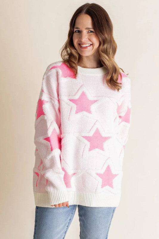 Star Ribbed Trim Drop Shoulder Oversized Sweater