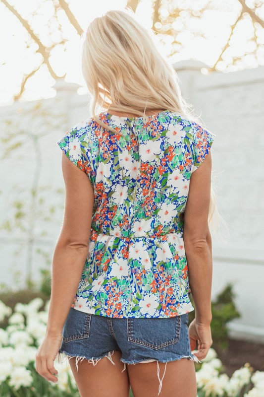 Indigo Floral Bow Applique Slit Sleeveless Peplum