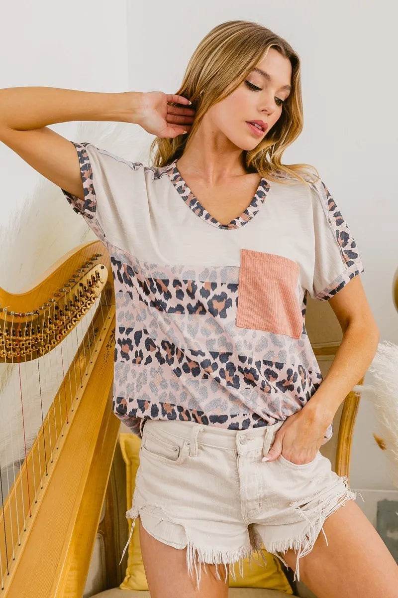 BiBi Leopard Stripe with Slub Terry Color Block T-Shirt