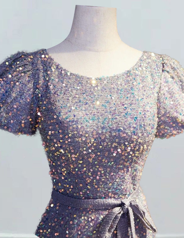 Women's Elegant Grey Sequin Prom Dress | Scoop Neck, Short Sleeve Evening Gown