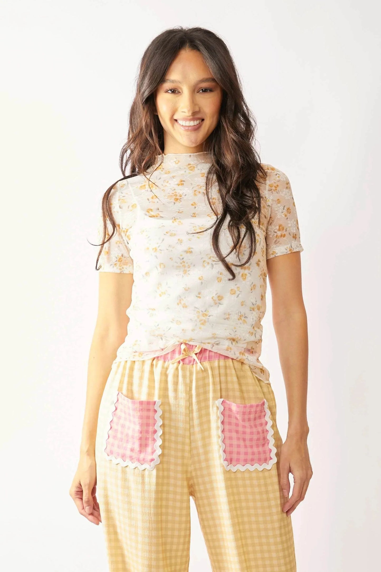 Davi & Dani Loose Turtle Neck Lace Mesh Lace Sheer Top