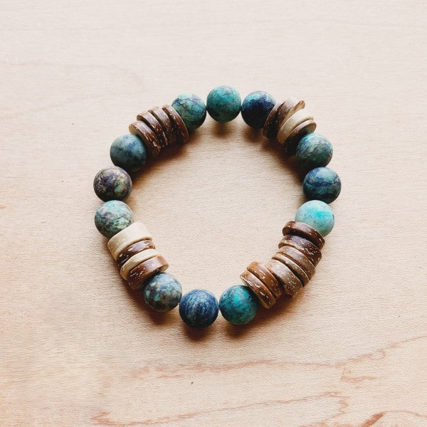 Frosted African Turquoise& Wood Stretch Bracelet