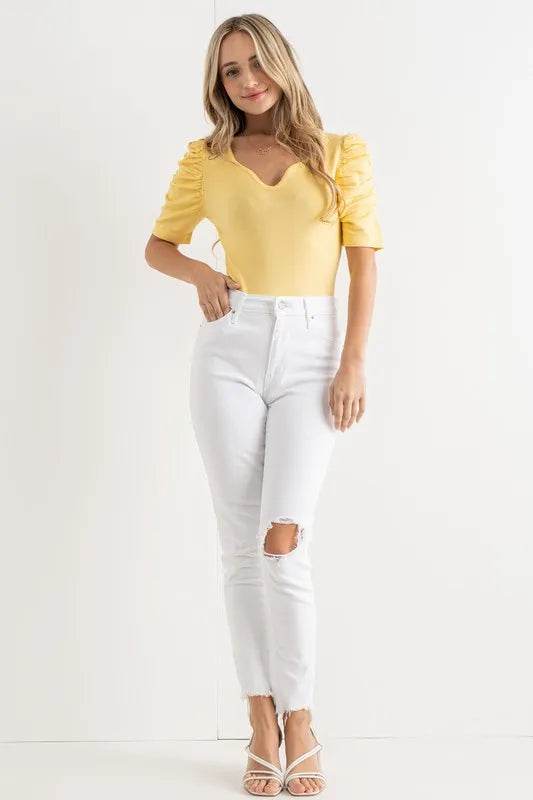 And The Why Shirring Puff Sleeve Bodysuit