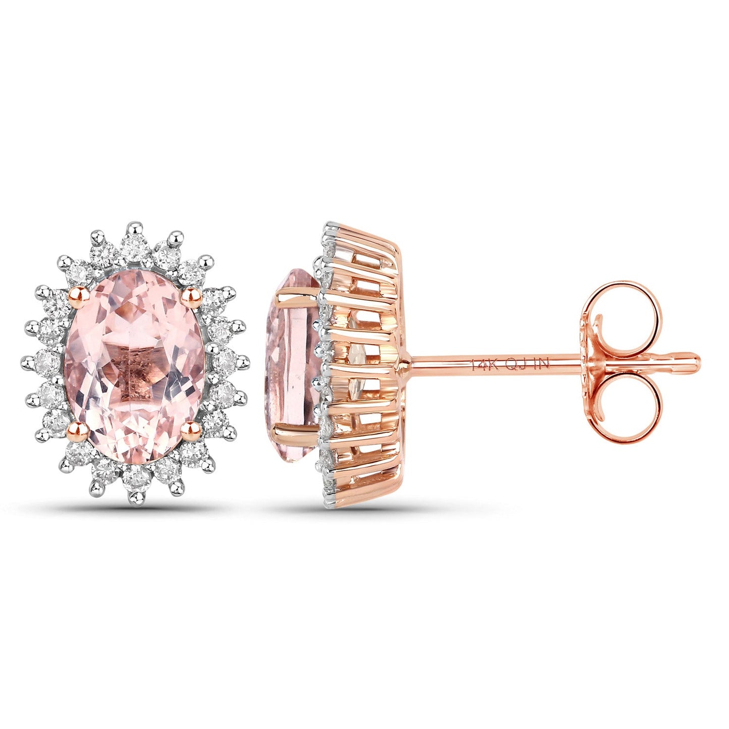 1.61 Carat Genuine Morganite and White Diamond 14K Rose Gold Earrings